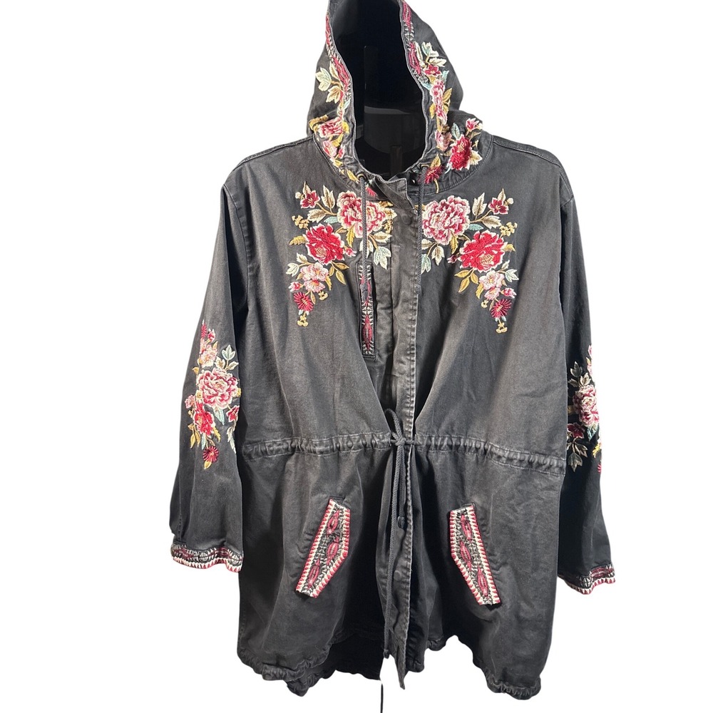 Johnny Was Workshop 3X Embroidered Floral Utility Jacket Hooded Anorak Plus Size